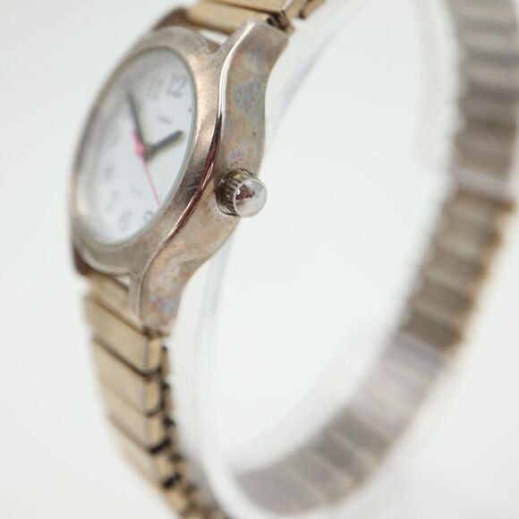 Timex Womens Watch Silver Tone 25mm White Dial Gold Stretch Band w New Battery - Picture 11 of 14